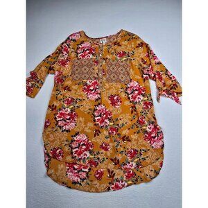 Anthropologie Fig And Flower Womens Floral Mustard Tunic Top Size 1X Boho